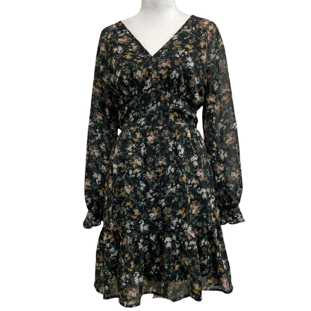 Black Tape Black Floral Garden Long Sleeve Tiered Mini Dress
